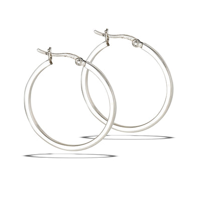 Sterling Silver 2mm Clasp Round Hoop Earrings (Available in 3 sizes)