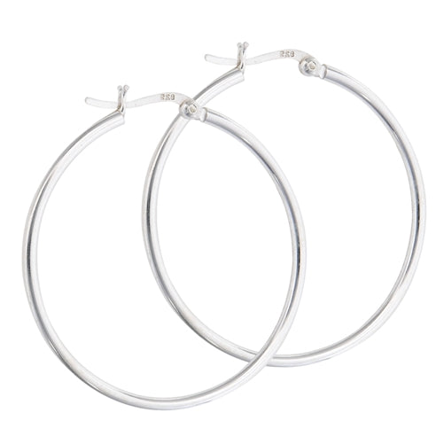 Sterling Silver 2mm Clasp Round Hoop Earrings Available in 3 sizes
