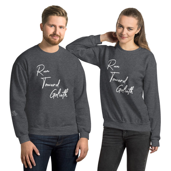 Run Toward Goliath Unisex Sweatshirt in black and dark heather grey