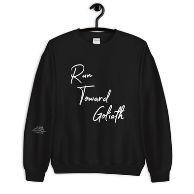 Run Toward Goliath Unisex Sweatshirt in black and dark heather grey