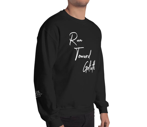 Run Toward Goliath Unisex Sweatshirt in black and dark heather grey