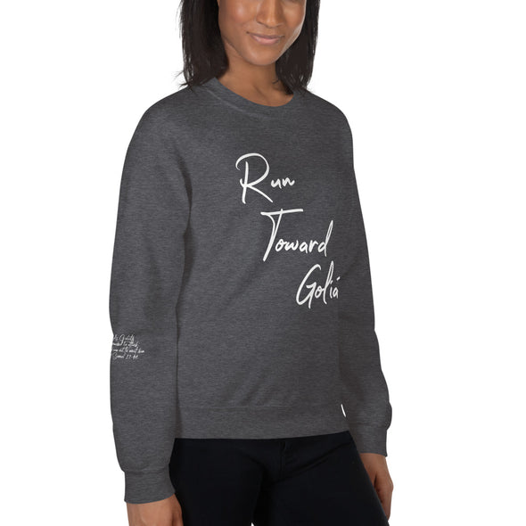 Run Toward Goliath Unisex Sweatshirt in black and dark heather grey