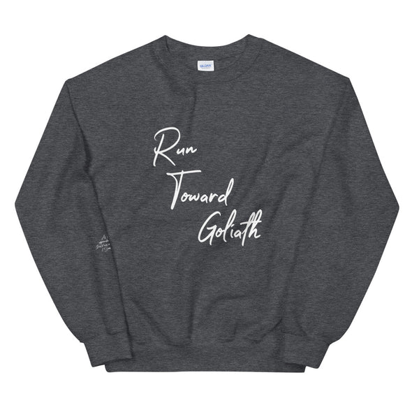 Run Toward Goliath Unisex Sweatshirt in black and dark heather grey